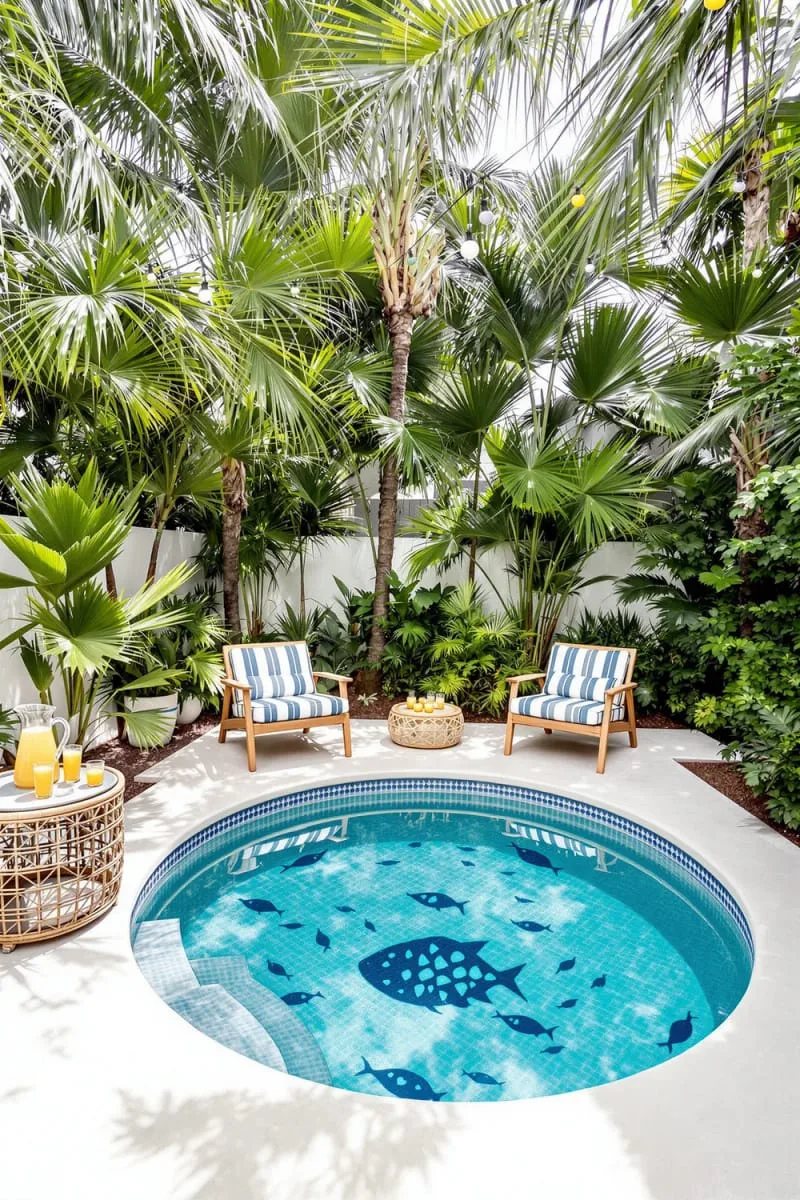 small backyard plunge pool with zero-entry and mosaic fish tiles 1