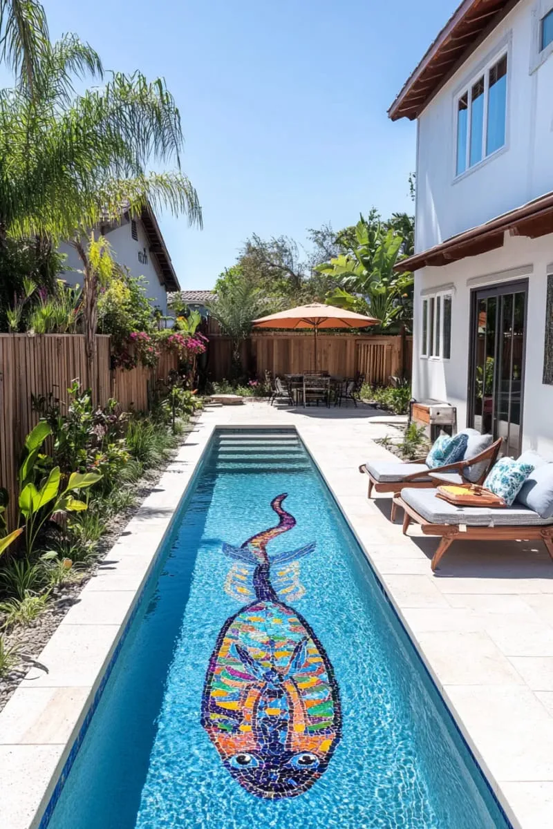 small backyard plunge pool with zero-entry and mosaic fish tiles 1
