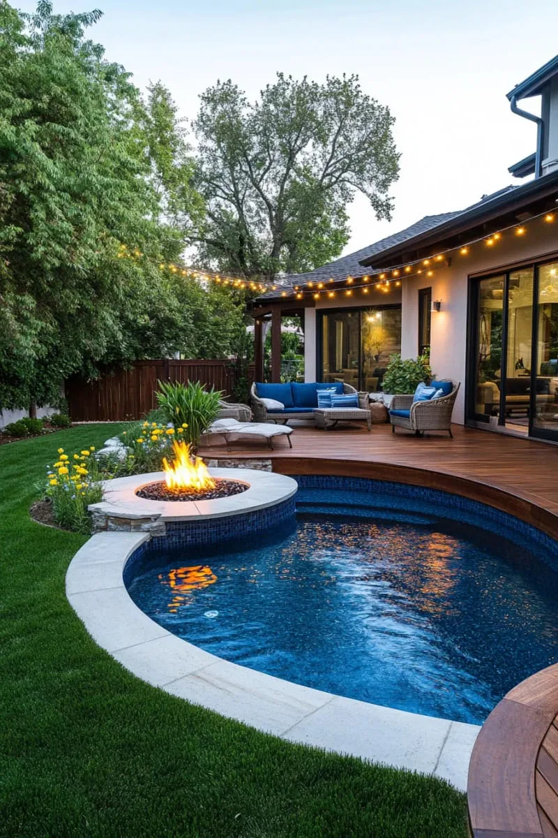 small backyard pool with floating wooden deck and fire pit 1