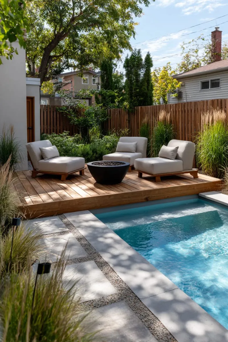 small backyard pool with floating wooden deck and fire pit 1
