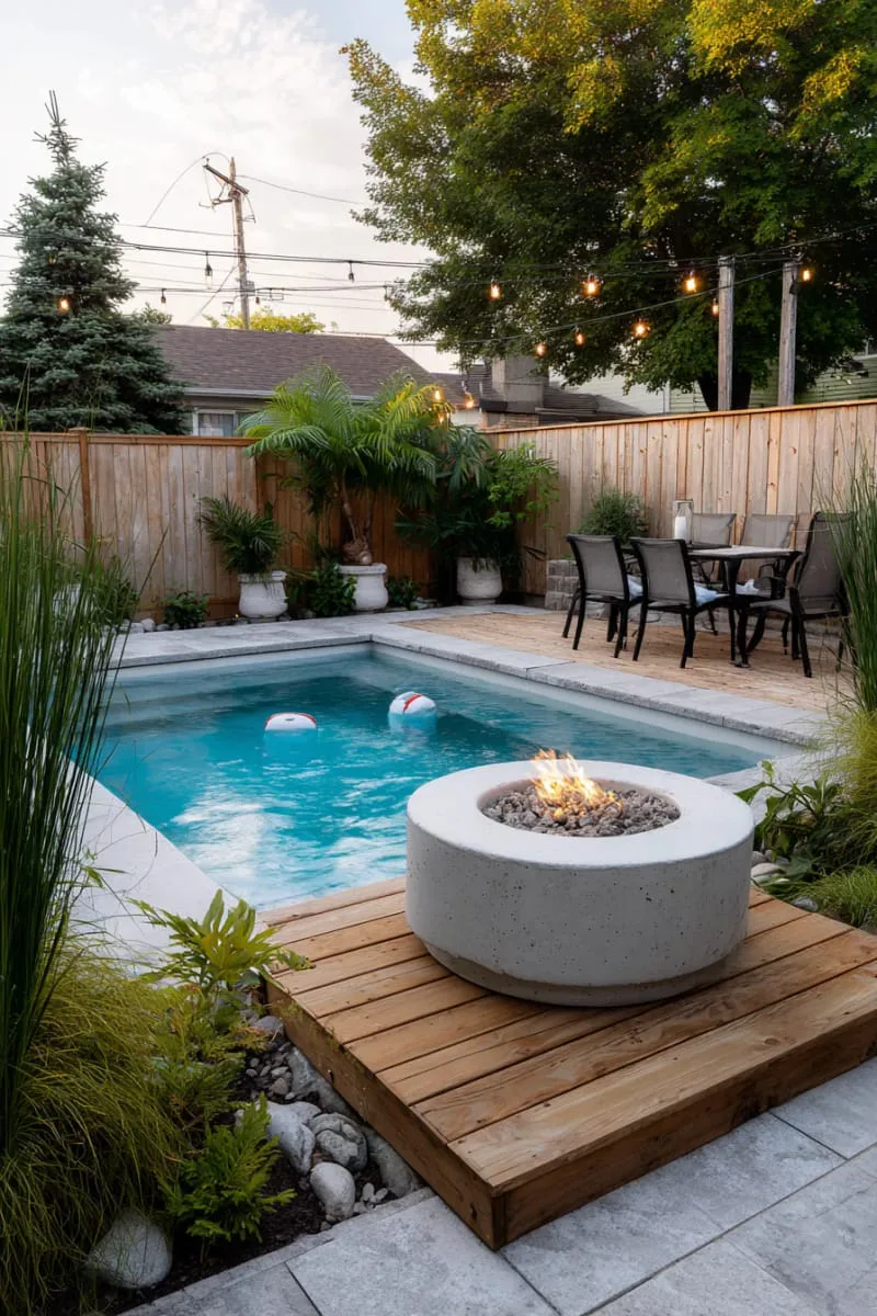 small backyard pool with floating wooden deck and fire pit 1