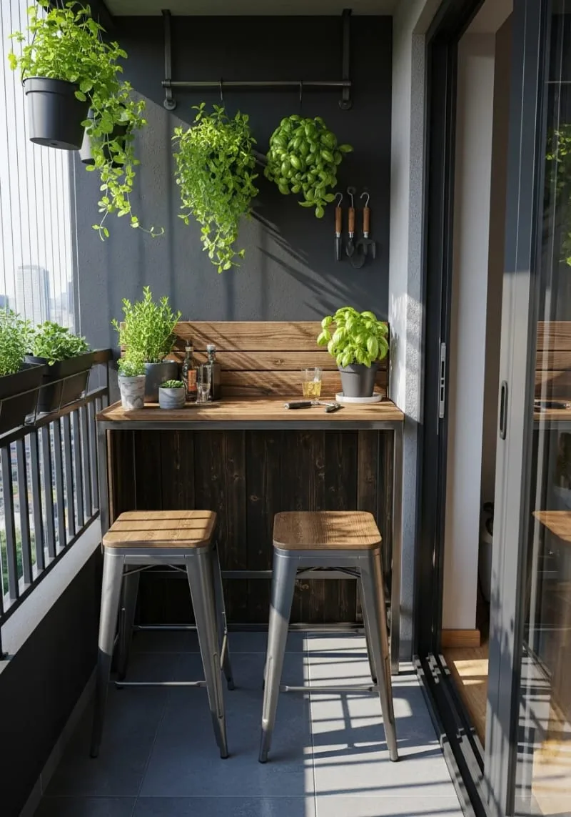 small balcony bar with mint and basil hanging above 1