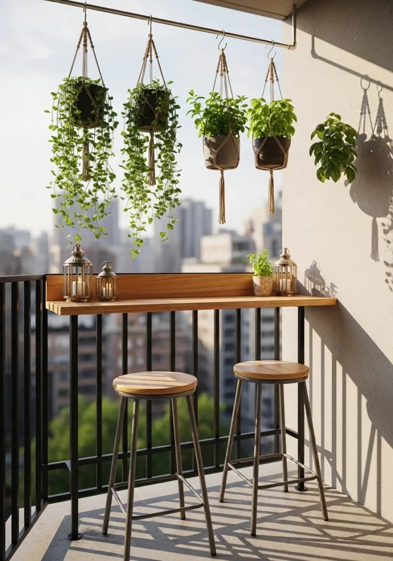 small balcony bar with mint and basil hanging above 1