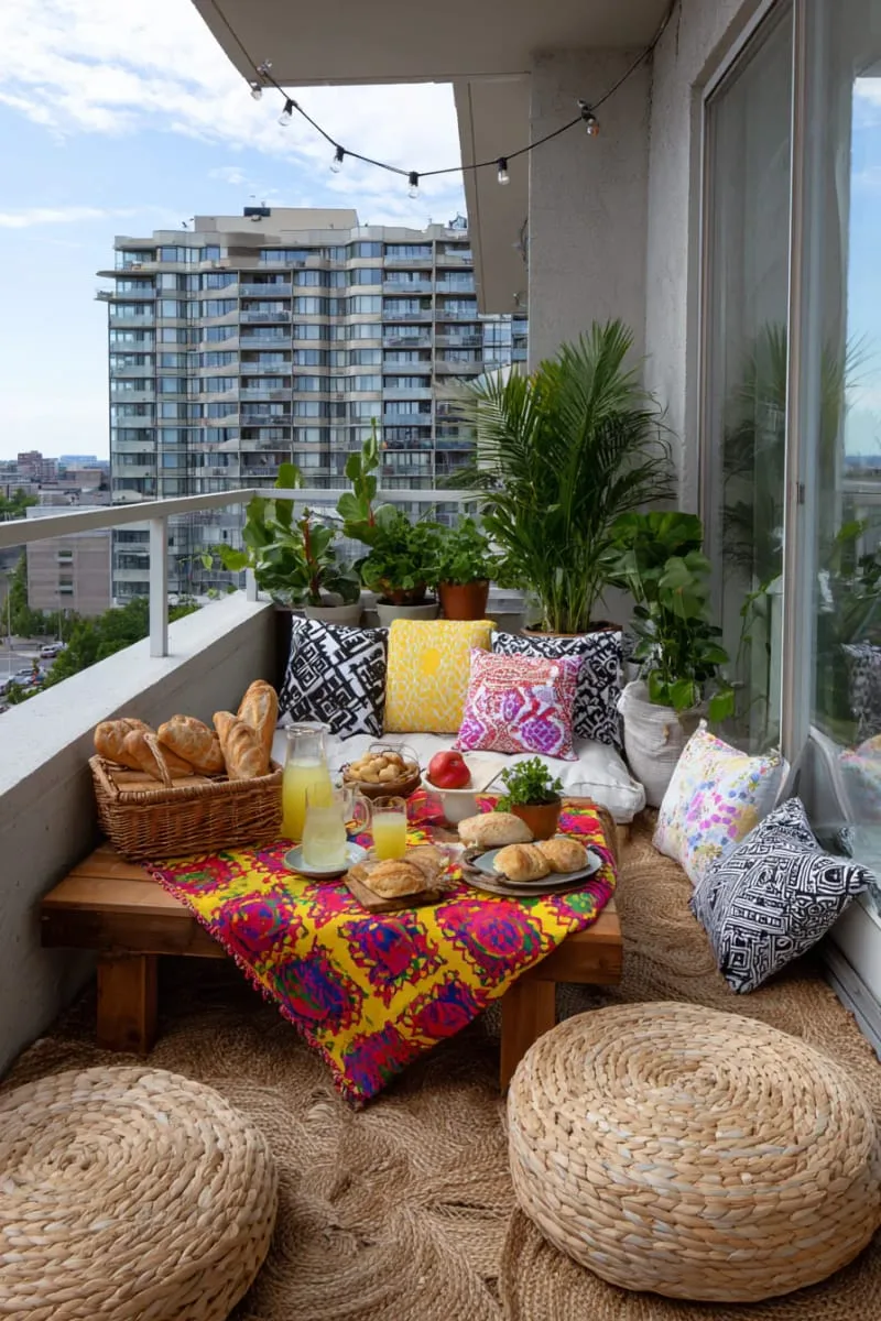 small balcony picnic setup with vibrant tablecloth and baskets 1