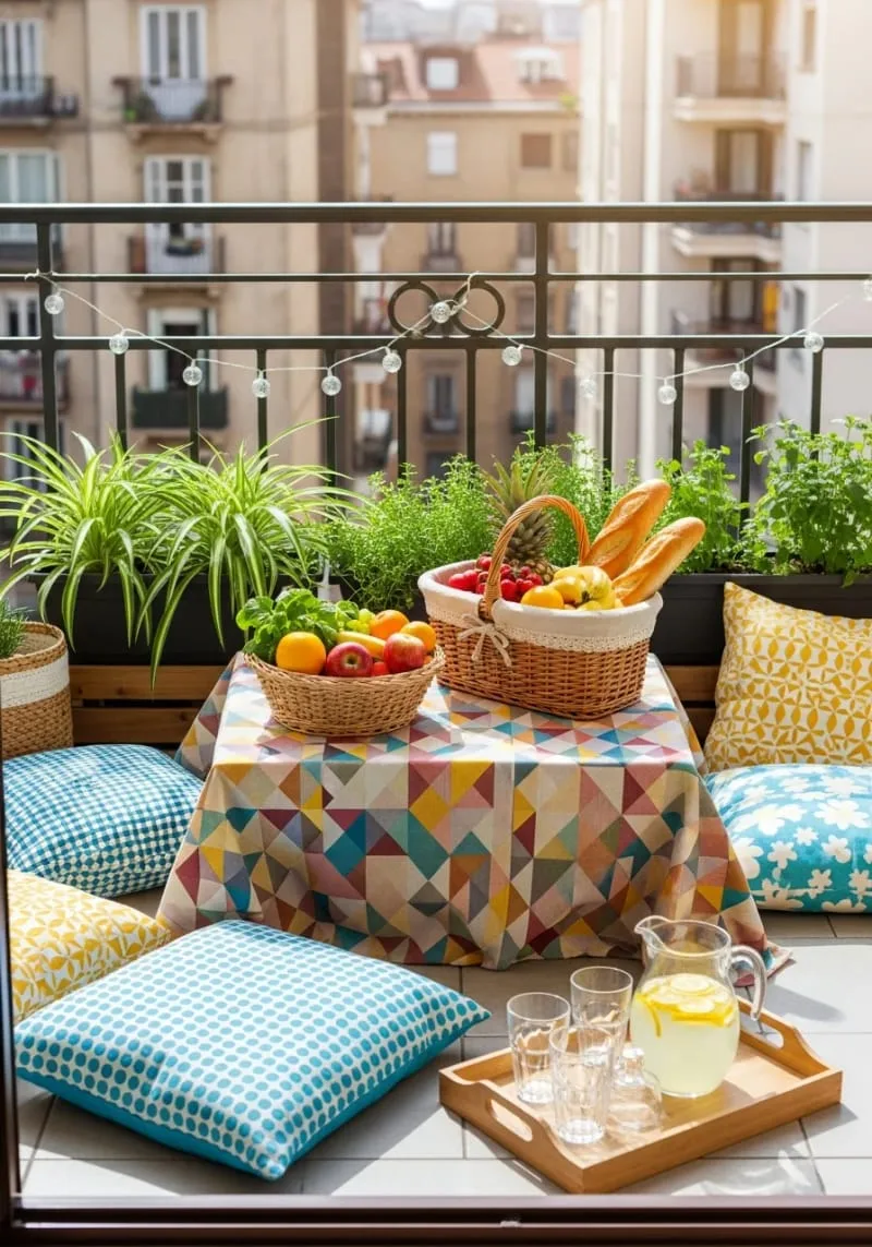 small balcony picnic setup with vibrant tablecloth and baskets 1