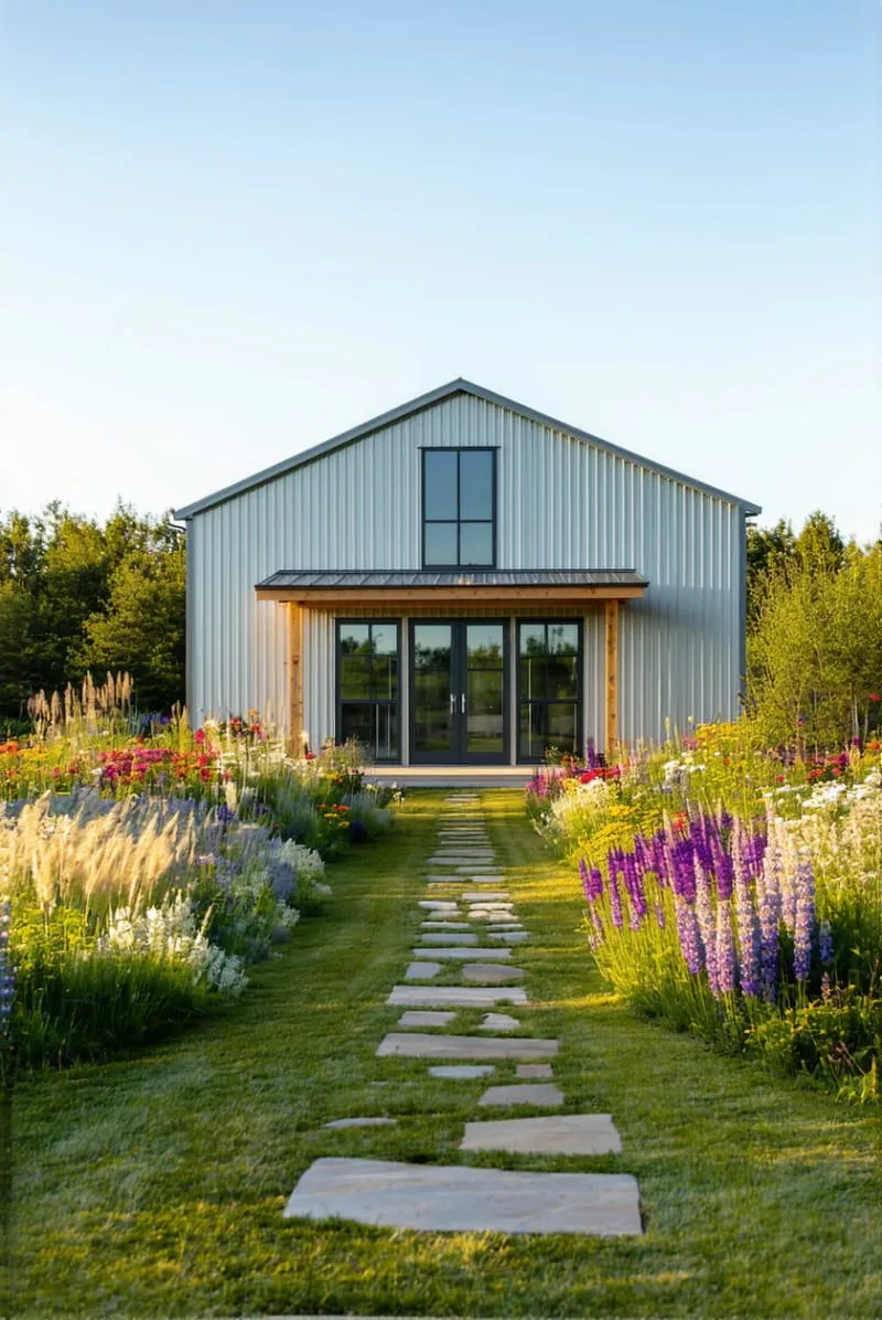small barndominium surrounded by wildflowers and native landscaping 1