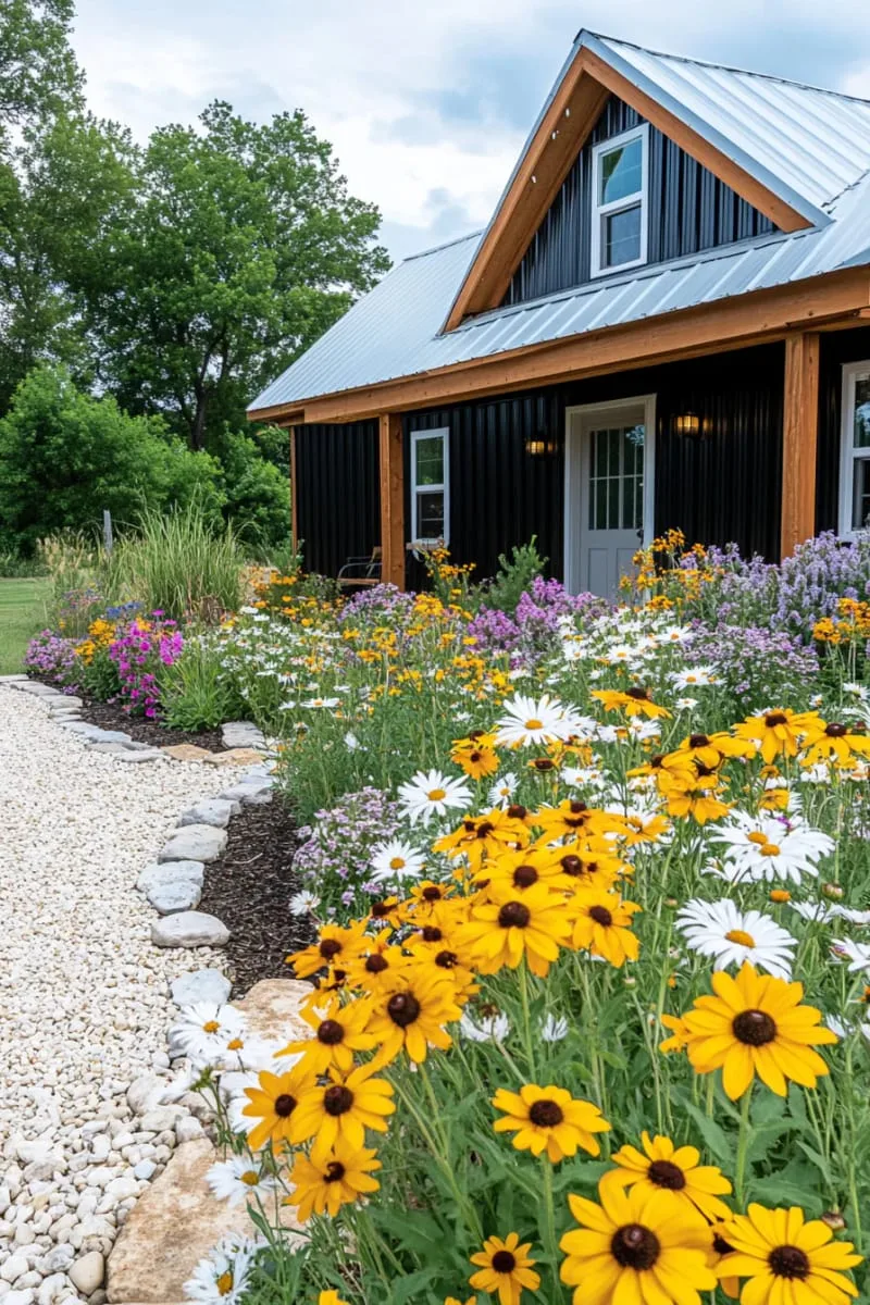 small barndominium surrounded by wildflowers and native landscaping 1