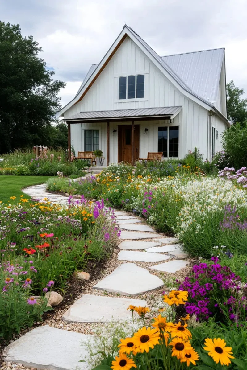 small barndominium surrounded by wildflowers and native landscaping 1