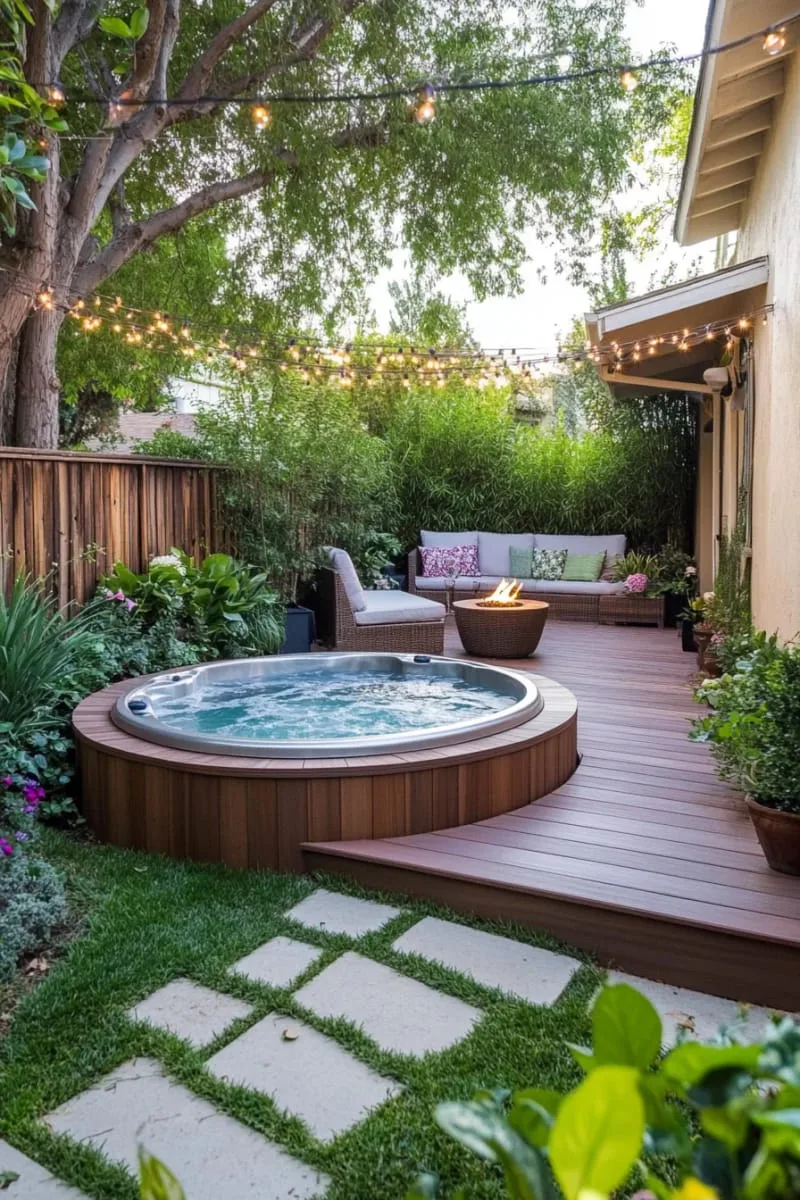 27 New Small Backyard Designs to Copy For Your Outdoor Space 65 small deck with a built-in spa hot tub 1