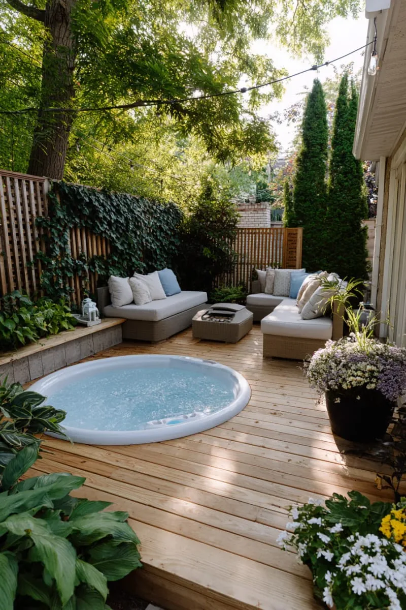 27 New Small Backyard Designs to Copy For Your Outdoor Space 67 small deck with a built-in spa hot tub 1