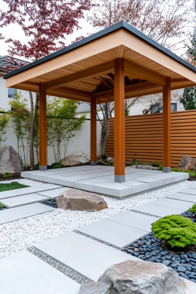 19 Inspiring Backyard Pavilion Ideas: Unique Designs You Can't Miss 20 small minimalist pavilion with geometric paving and zen garden 1