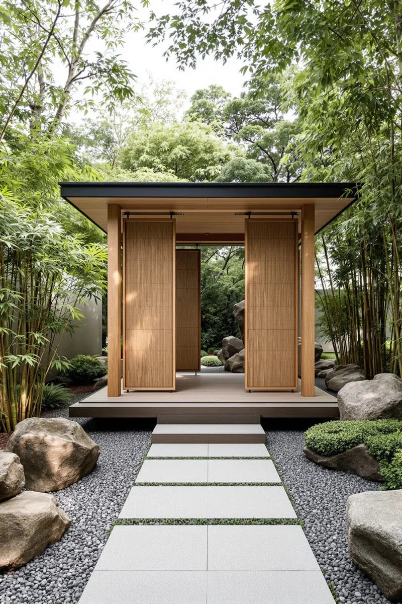 19 Inspiring Backyard Pavilion Ideas: Unique Designs You Can't Miss 21 small minimalist pavilion with geometric paving and zen garden 1