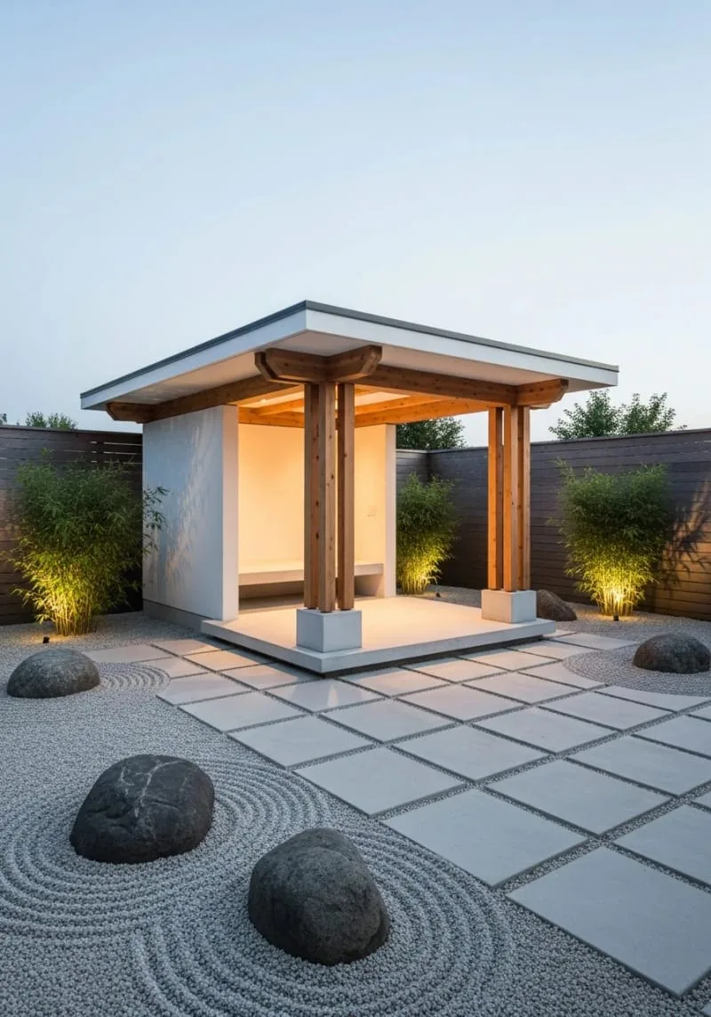 19 Inspiring Backyard Pavilion Ideas: Unique Designs You Can't Miss 22 small minimalist pavilion with geometric paving and zen garden 1