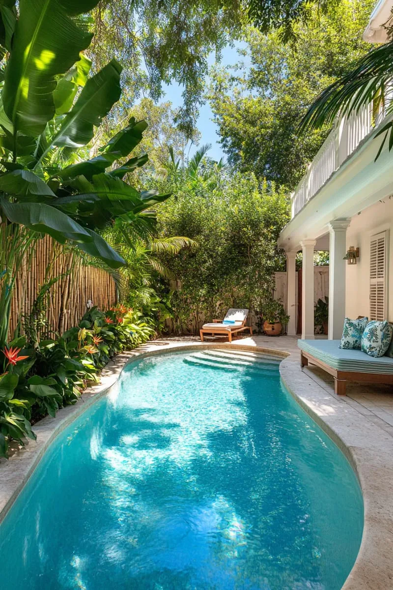 small pool nook with built-in bench and privacy bamboo screen 1