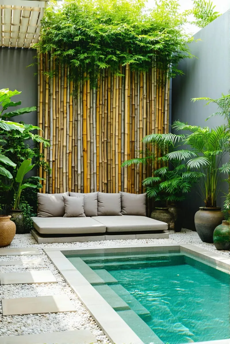 small pool nook with built-in bench and privacy bamboo screen 1