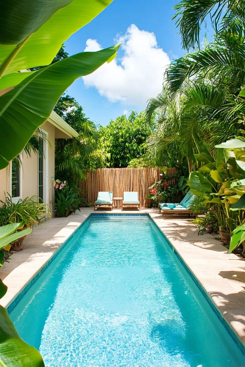 small pool nook with built-in bench and privacy bamboo screen 1