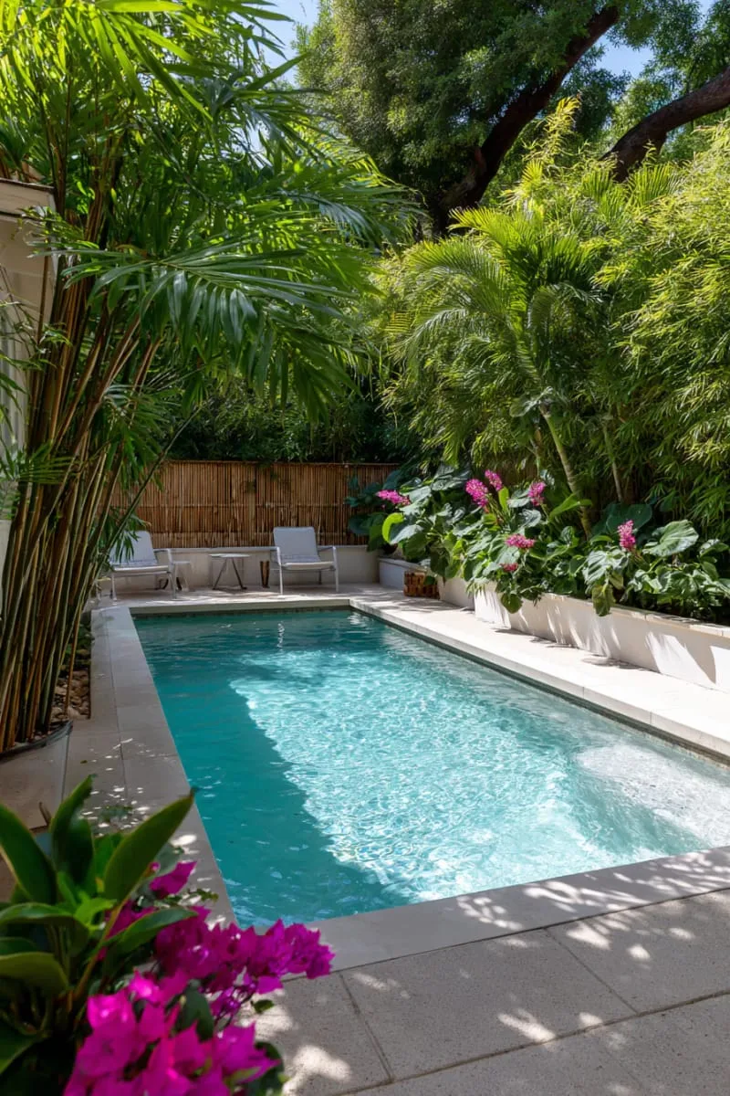 small pool nook with built-in bench and privacy bamboo screen 1