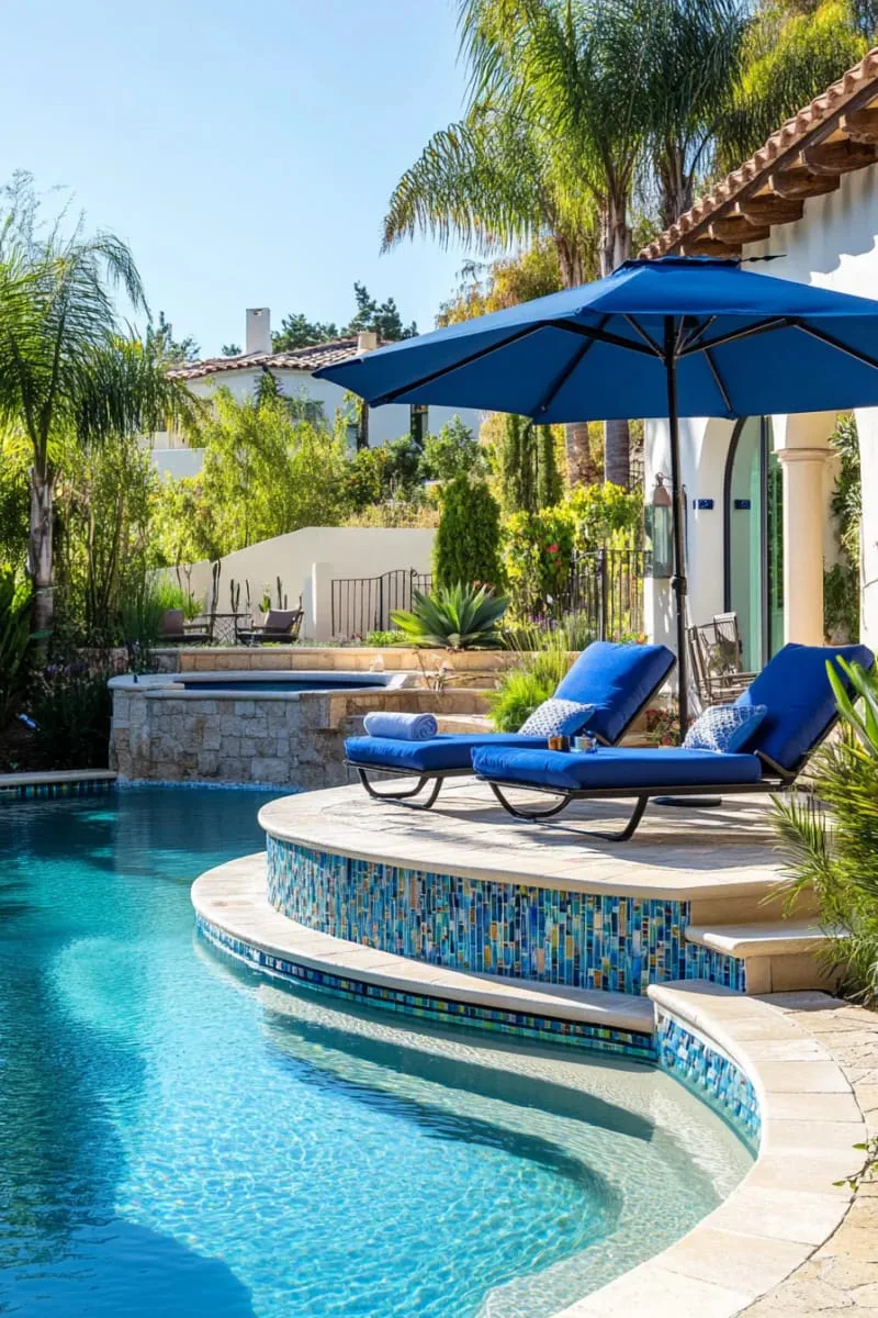 small pool with submerged sun shelf and colorful mosaic tiles 1