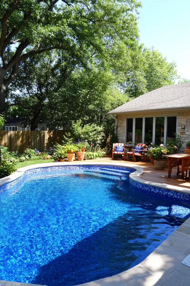 small pool with submerged sun shelf and colorful mosaic tiles 1