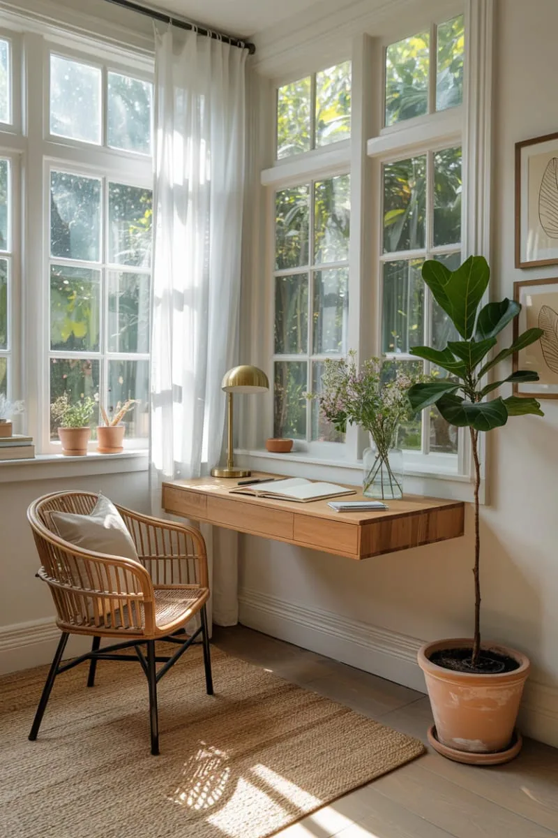 19 Small Sunroom Ideas to Brighten Small Spaces 69 small sunroom workspace with a floating desk and nature views 1