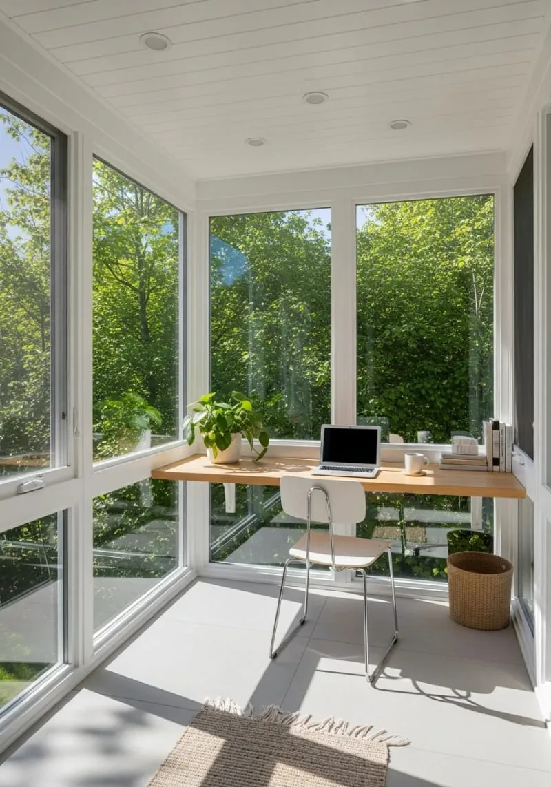19 Small Sunroom Ideas to Brighten Small Spaces 70 small sunroom workspace with a floating desk and nature views 1