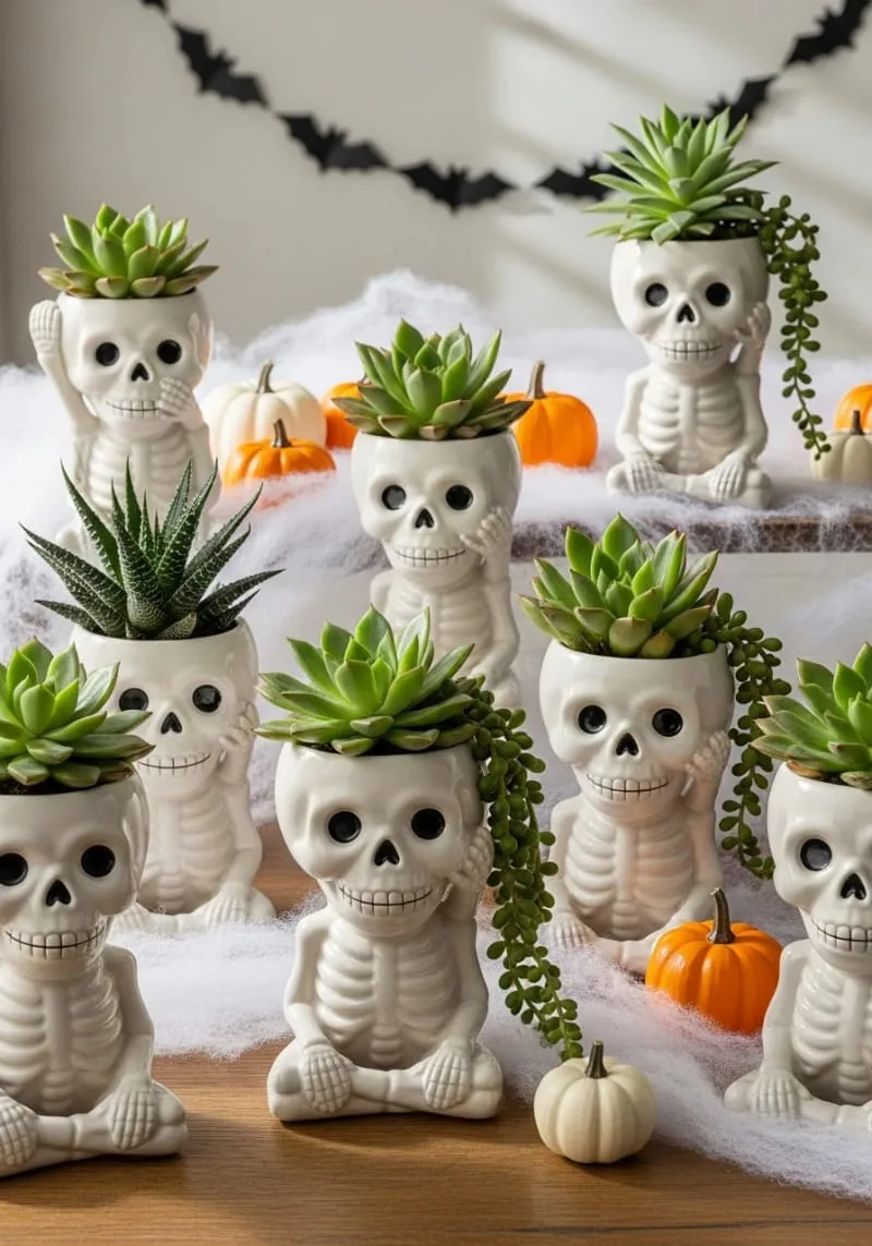 smiling skeleton planters holding succulents 1