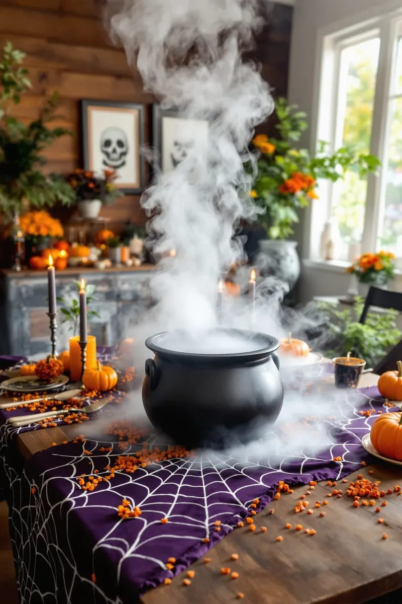 smoke-filled cauldron centerpiece with dry ice effects 1