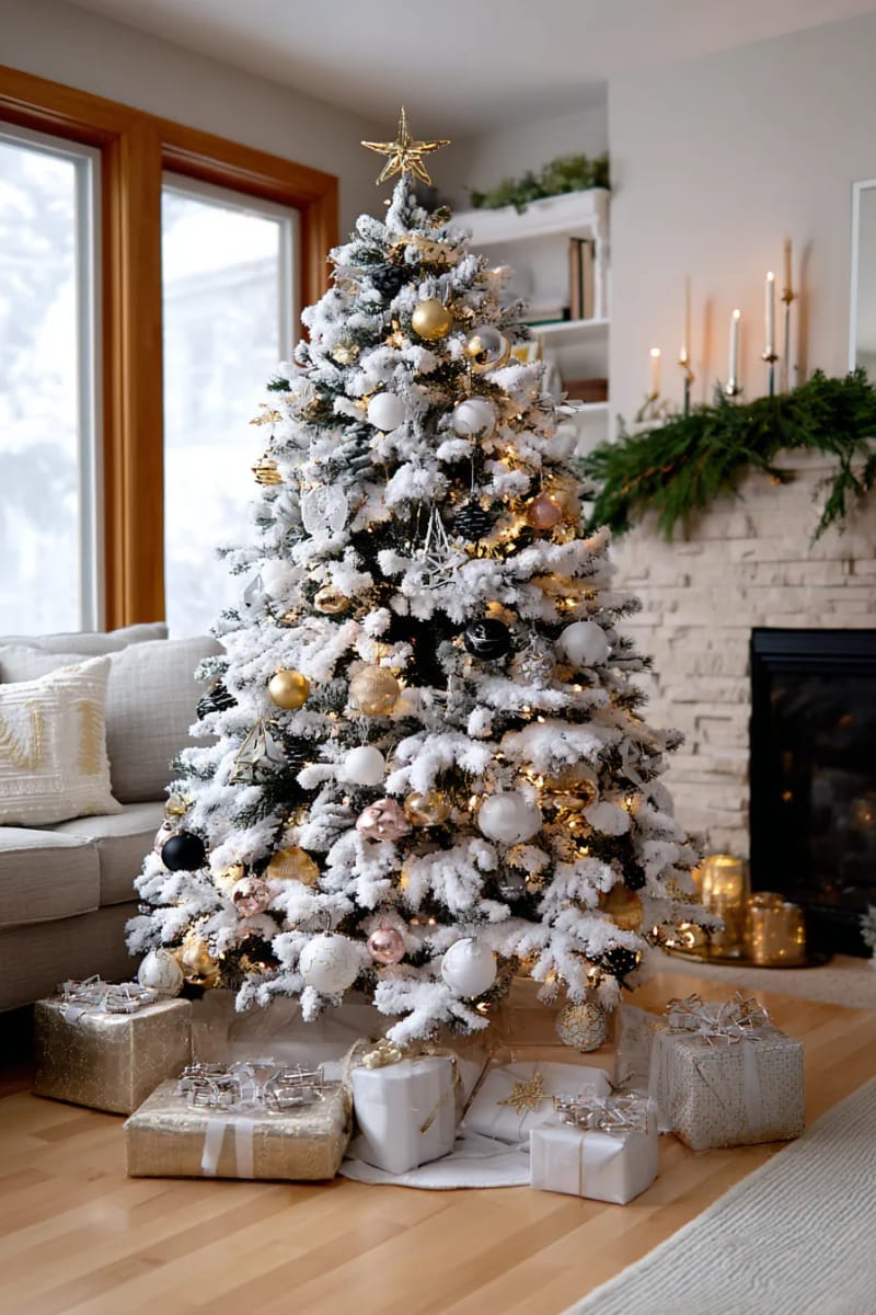 snow-dusted flocked christmas tree with metallic ornaments 1