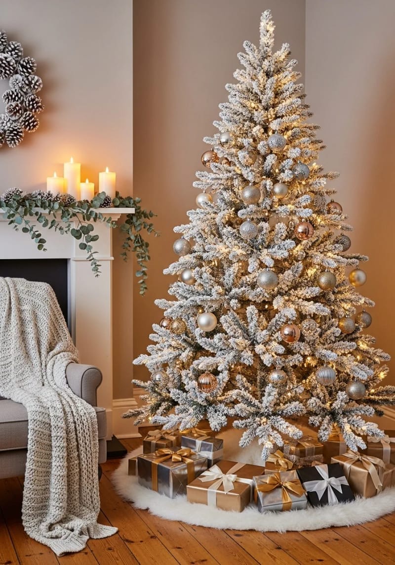 snow-dusted flocked christmas tree with metallic ornaments 1