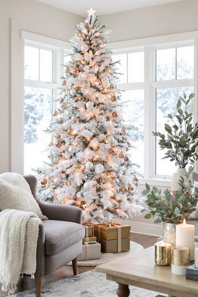 snow-dusted flocked christmas tree with metallic ornaments 1