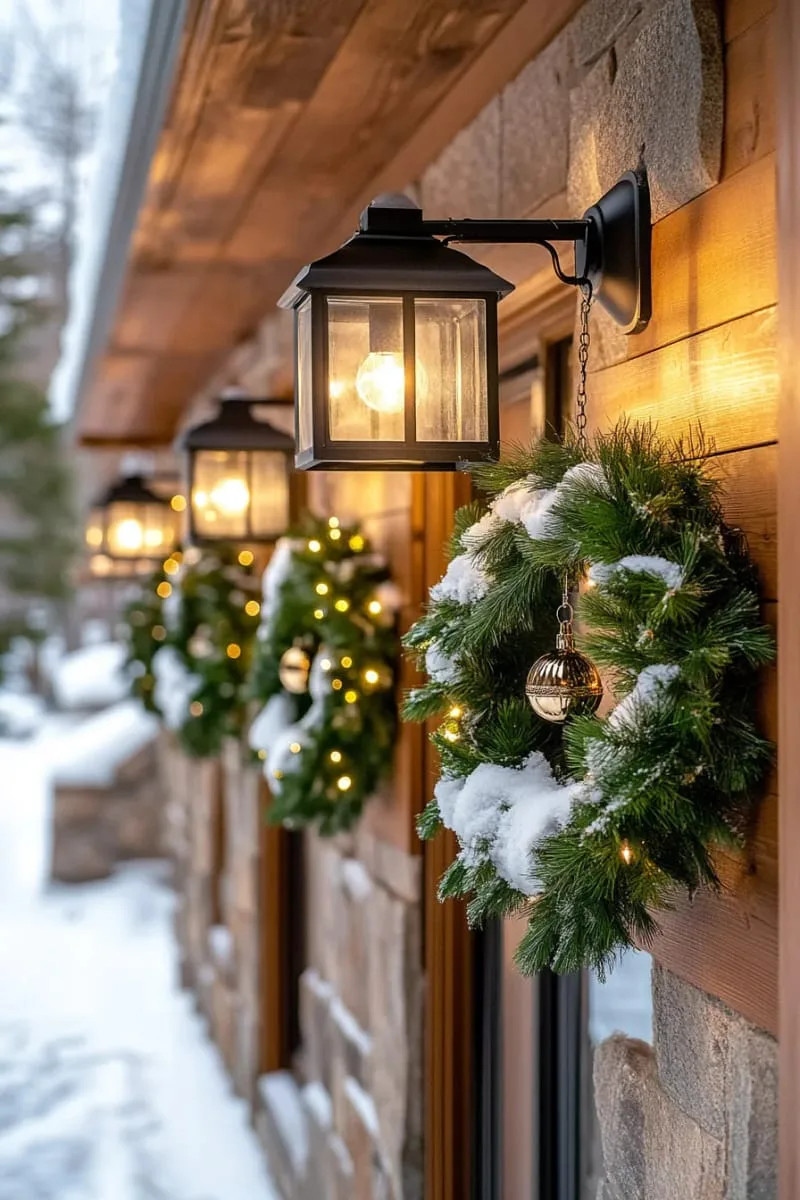 snow-dusted wreaths with bells hanging from outdoor lanterns 1
