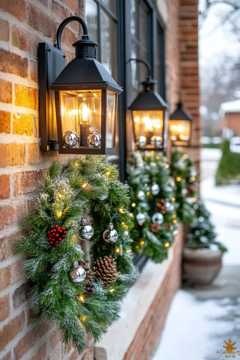 snow-dusted wreaths with bells hanging from outdoor lanterns 1