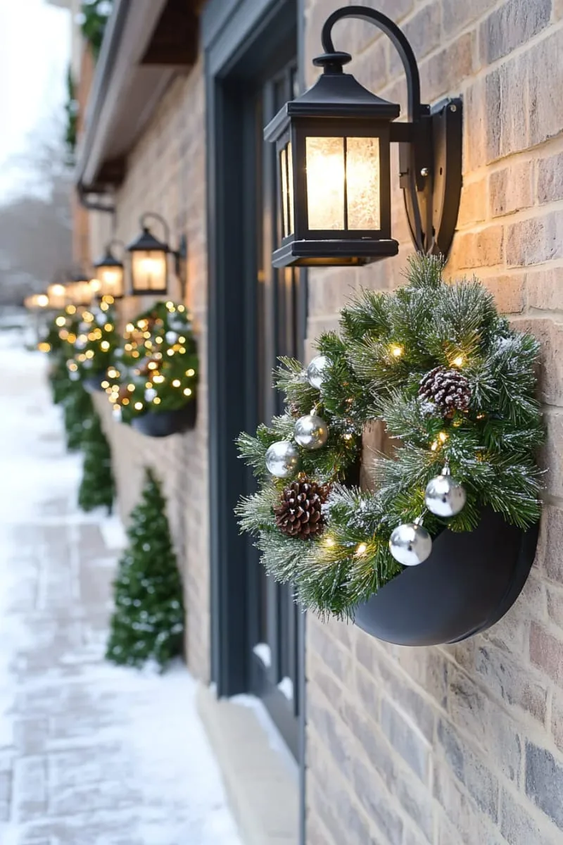 snow-dusted wreaths with bells hanging from outdoor lanterns 1