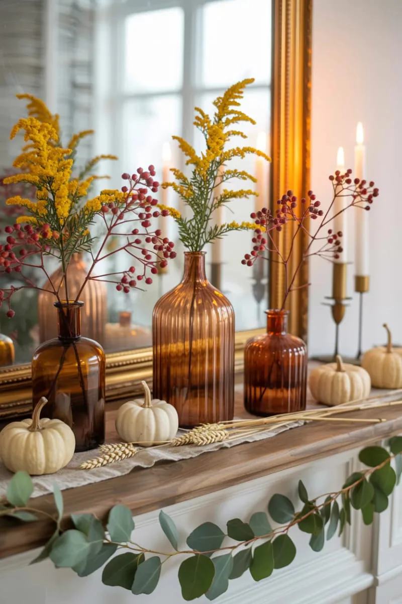soft amber glass vases filled with goldenrod and berry branches 1