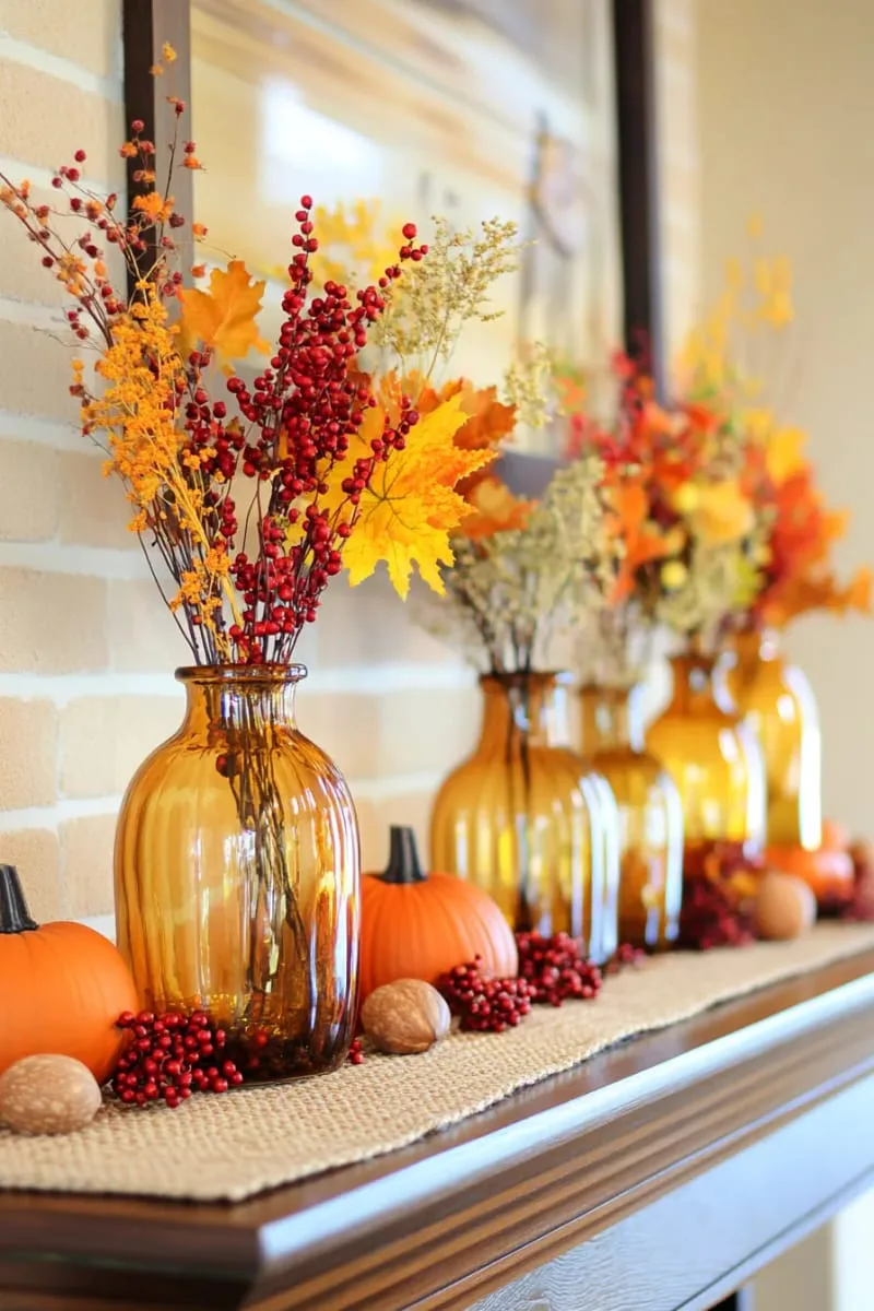 soft amber glass vases filled with goldenrod and berry branches 1