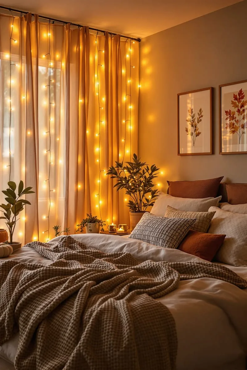 soft amber string lights tucked behind sheer curtains 1
