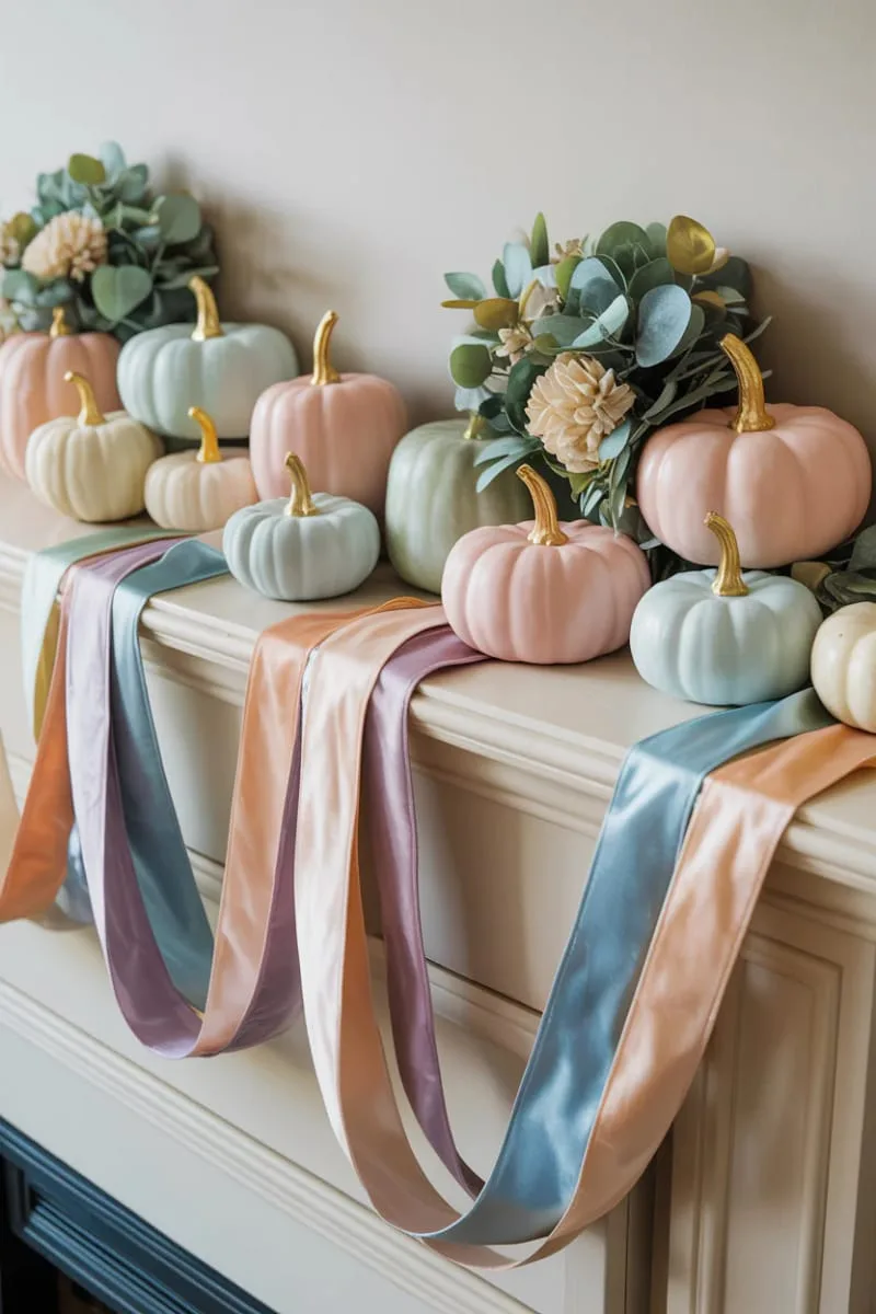 soft pastel pumpkins and velvet ribbon garlands for a dreamy look 1