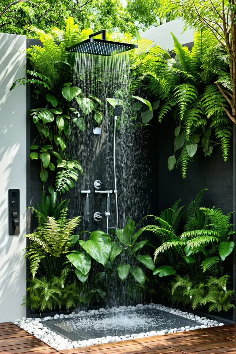 solar-heated outdoor shower with pebble base and straw privacy fence 1