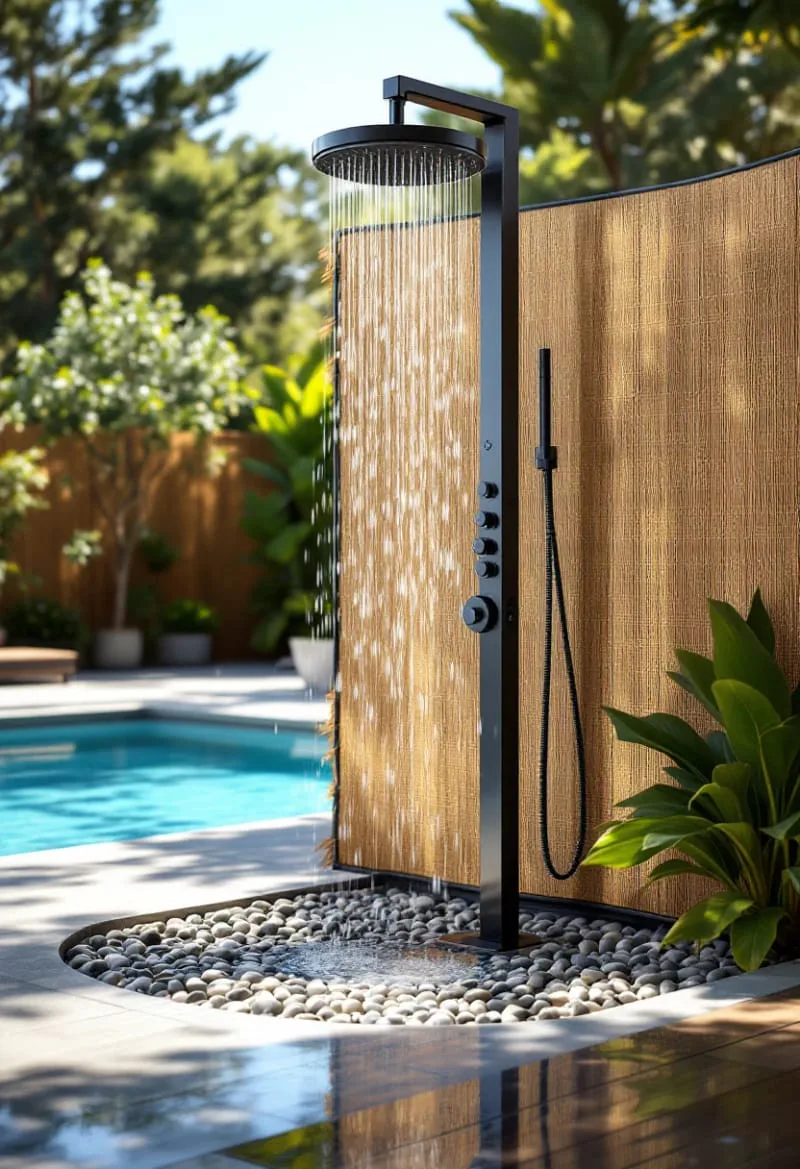 solar-heated outdoor shower with pebble base and straw privacy fence 1