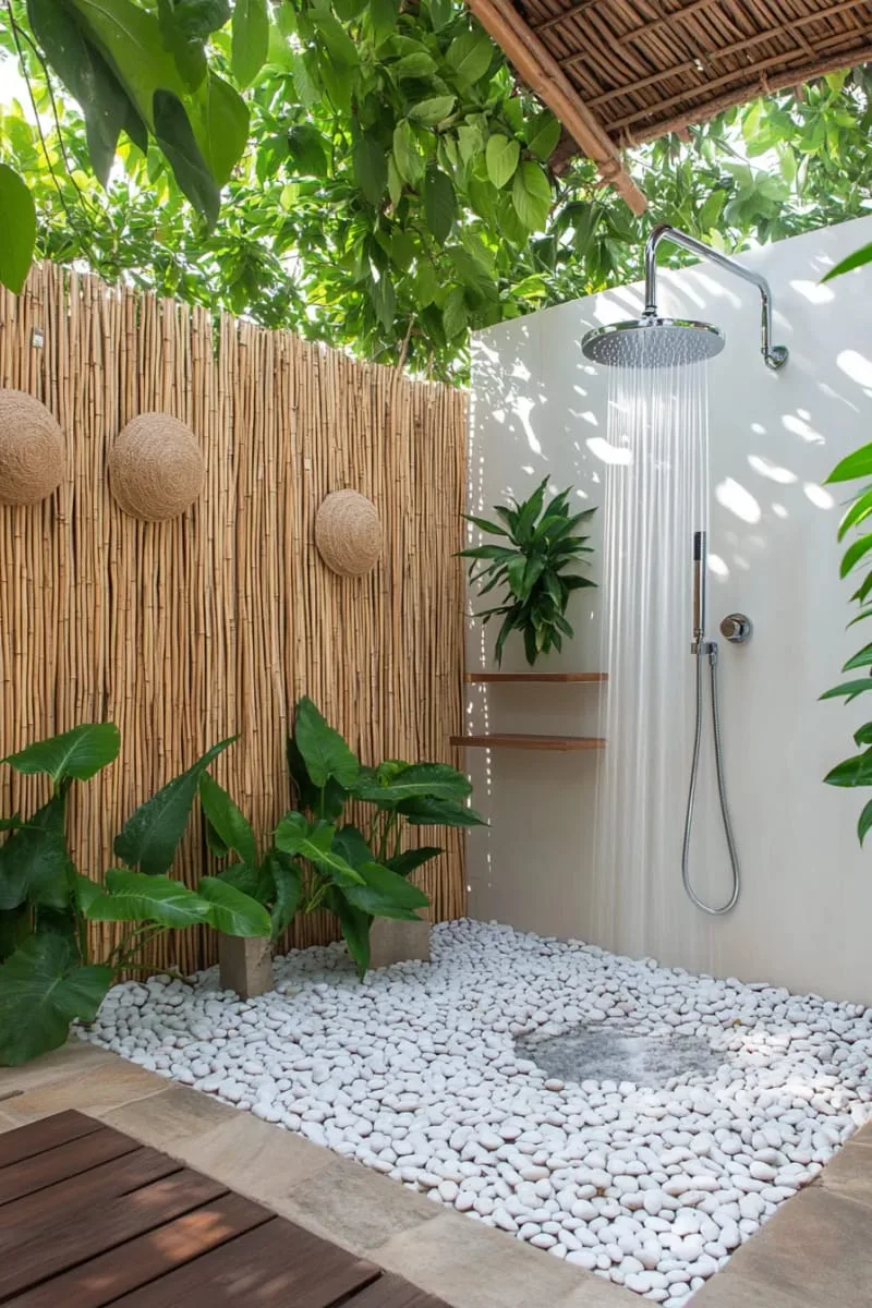 solar-heated outdoor shower with pebble base and straw privacy fence 1