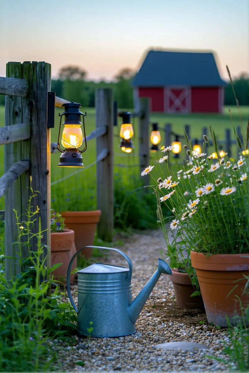solar lanterns hanging from reclaimed wood posts 1