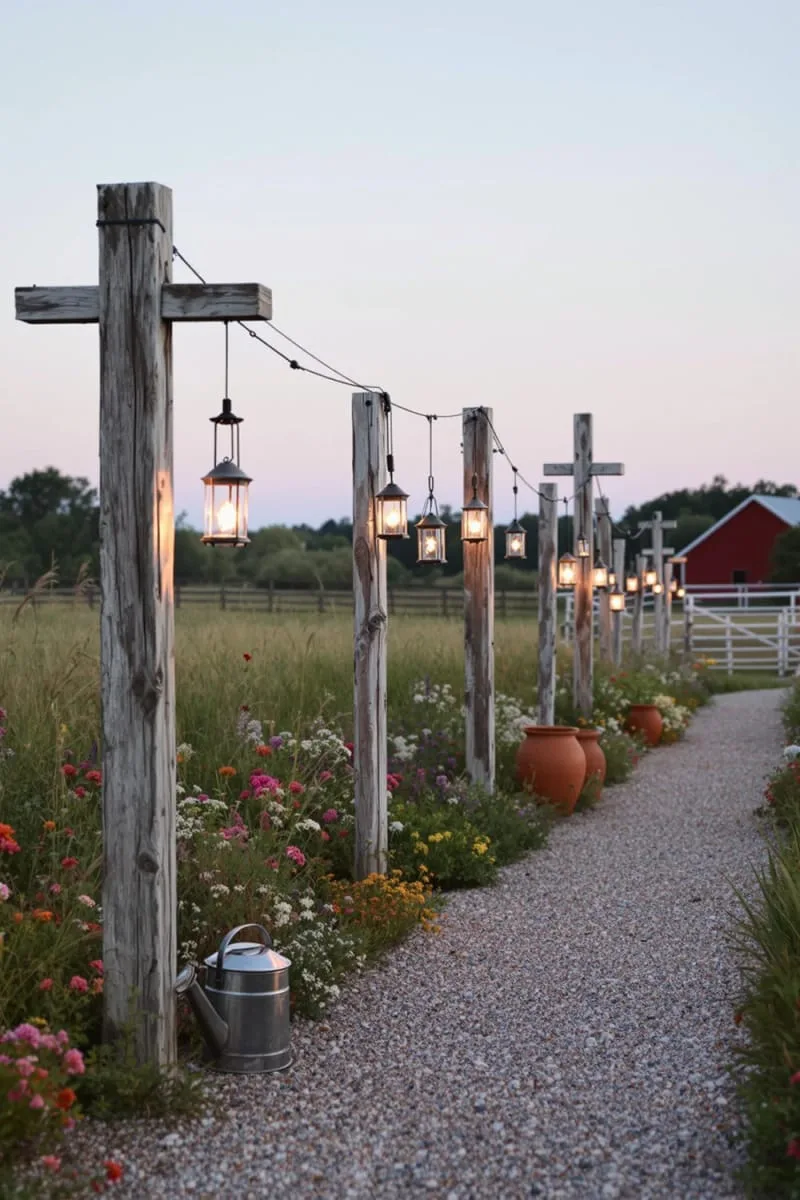 solar lanterns hanging from reclaimed wood posts 1