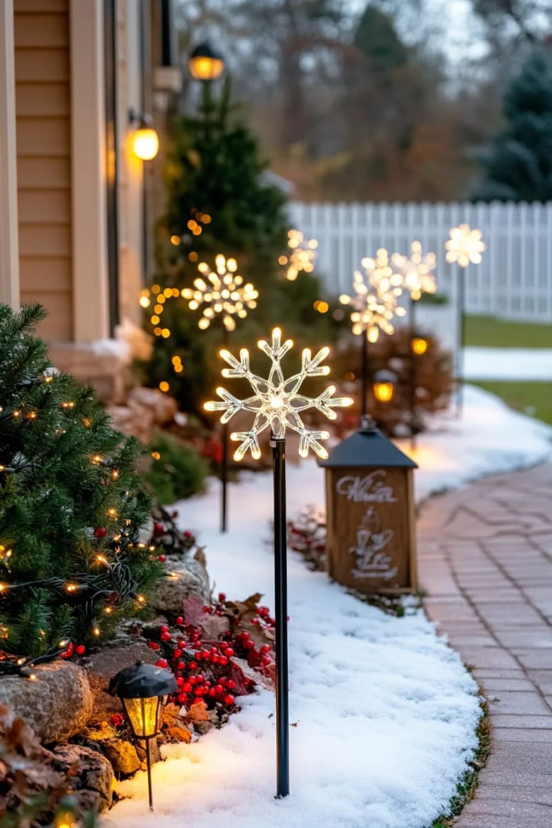 31 Outdoor Christmas Decorations: Ideas for a Magical Welcome 35 solar-powered snowflake pathway markers guiding guests 1