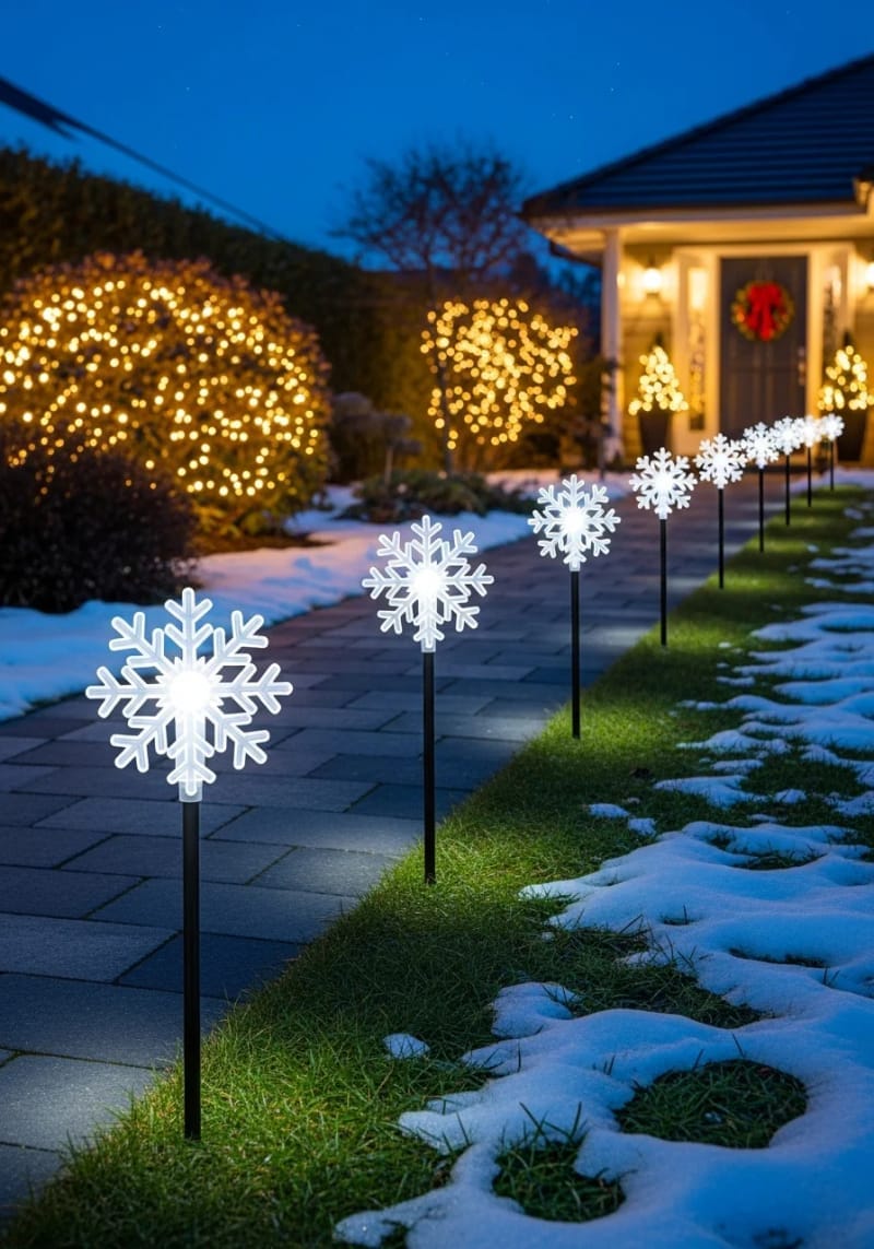31 Outdoor Christmas Decorations: Ideas for a Magical Welcome 36 solar-powered snowflake pathway markers guiding guests 1