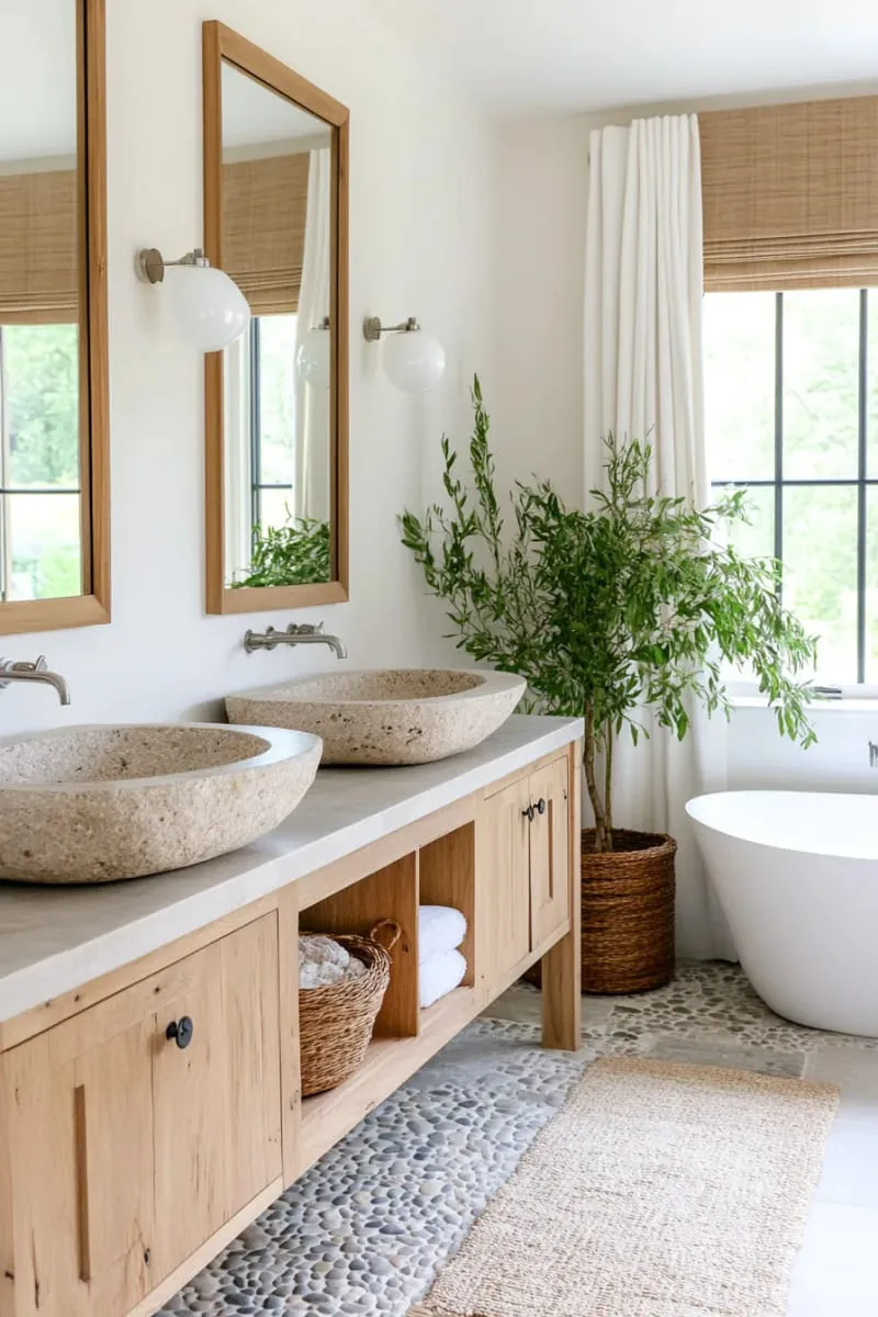 29 Unique Barndominium Interiors For Your Next Makeover 41 spa-inspired bathroom with trough sinks and pebble flooring 1