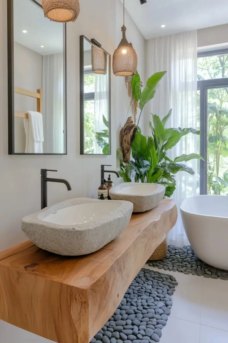 29 Unique Barndominium Interiors For Your Next Makeover 42 spa-inspired bathroom with trough sinks and pebble flooring 1