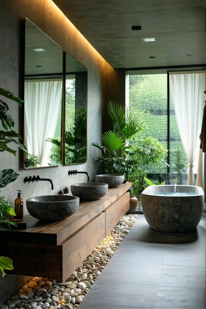 29 Unique Barndominium Interiors For Your Next Makeover 43 spa-inspired bathroom with trough sinks and pebble flooring 1