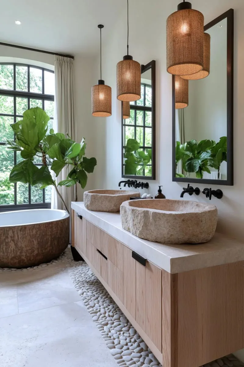 29 Unique Barndominium Interiors For Your Next Makeover 44 spa-inspired bathroom with trough sinks and pebble flooring 1