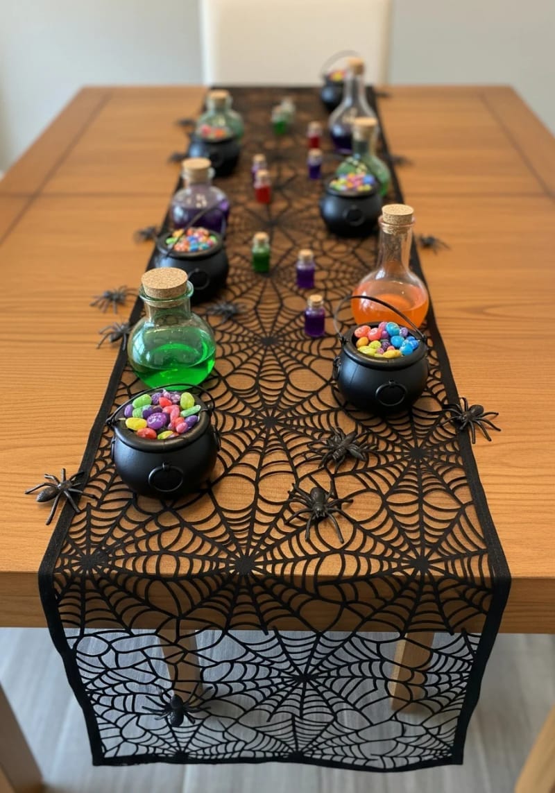spider web table runner with mini cauldrons and potion jars 1