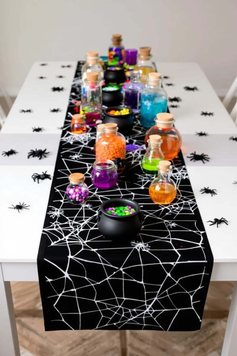spider web table runner with mini cauldrons and potion jars 1